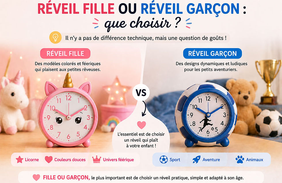 Quel réveil enfant choisir entre un réveil fille et un réveil garçon ? Comparatif des styles, couleurs et univers préférés des enfants