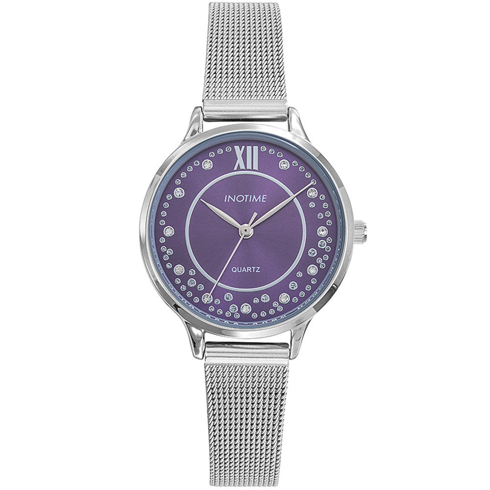 Montre femme acier argent fond violet avec bracelet en mailles milanaises