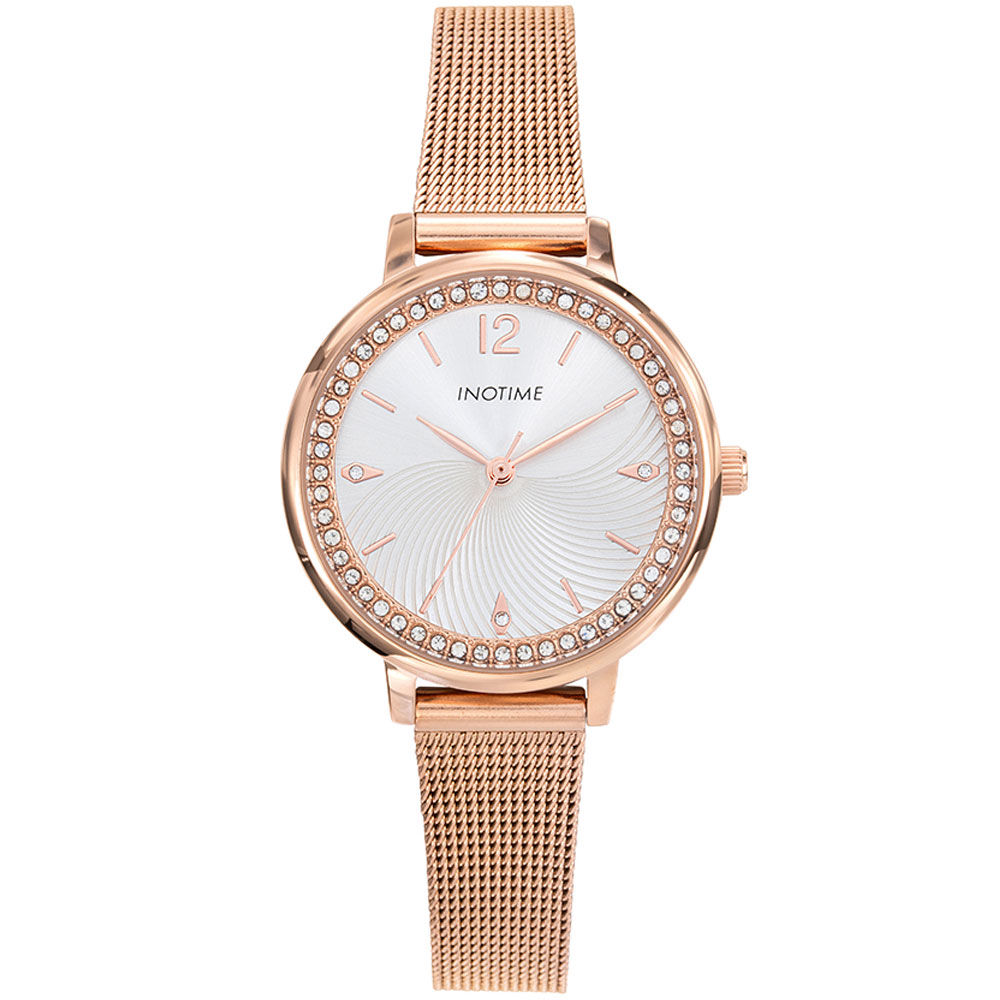 Montre femme bijou rose gold ornée de strass avec bracelet en mailles milanaises