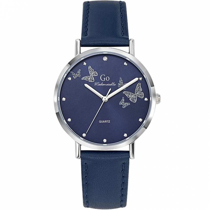 Montre femme cuir bleu marine avec papillons argentés sur le cadran