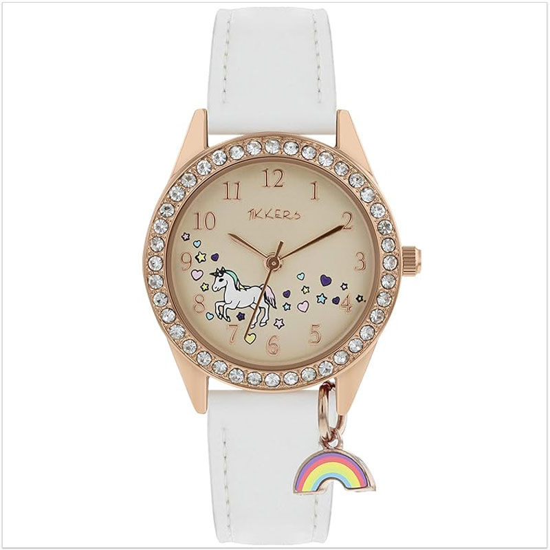 Montre licorne fille blanche avec strass et breloque arc-en-ciel de marque Tikkers