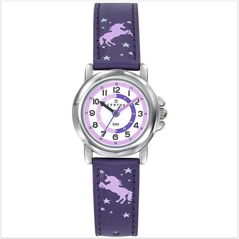 Montre pédagogique fille avec licornes et étoiles sur le bracelet en cuir violet