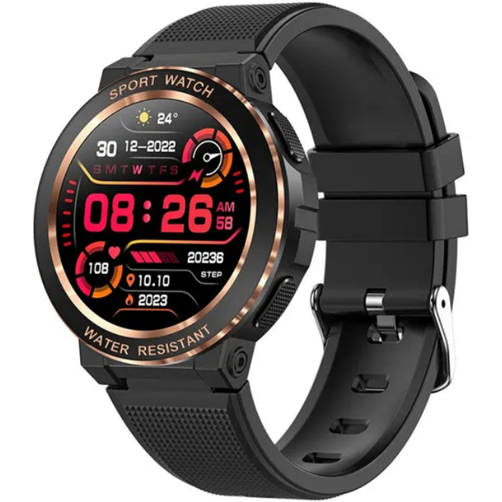 Montre connectée ronde pour femme avec un bracelet en silicone noir