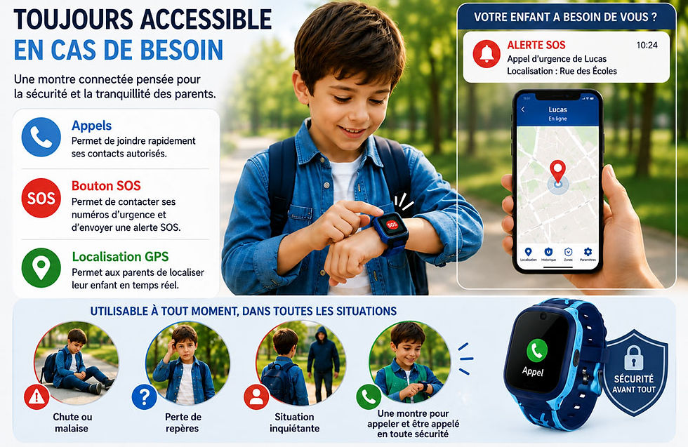 Enfant utilisant une montre connectée avec carte SIM, appel, bouton SOS et localisation en temps réel pour rester joignable et contacter ses parents en cas de besoin