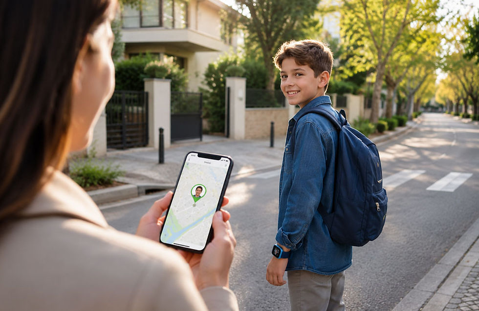 Parent suivant la localisation de son enfant portant une montre GPS connectée via une application mobile