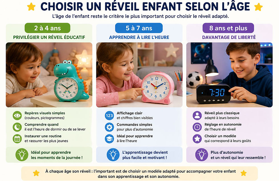 Comment choisir un réveil enfant selon l'âge : réveil éducatif de 2 à 4 ans, apprentissage de l'heure de 5 à 7 ans et réveil autonome dès 8 ans