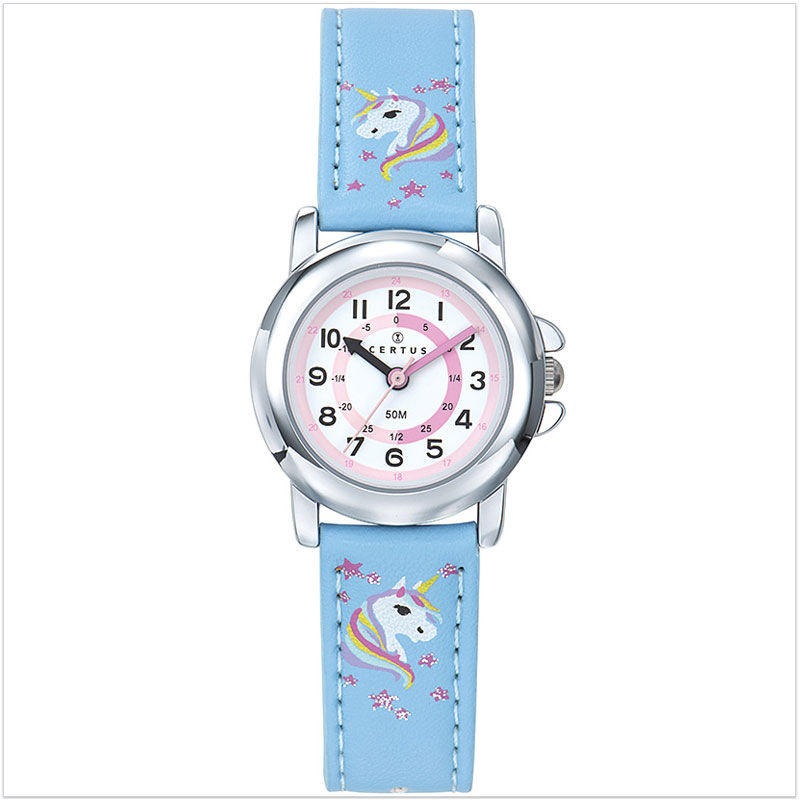 Montre pédagogique fille bleu clair avec des licornes