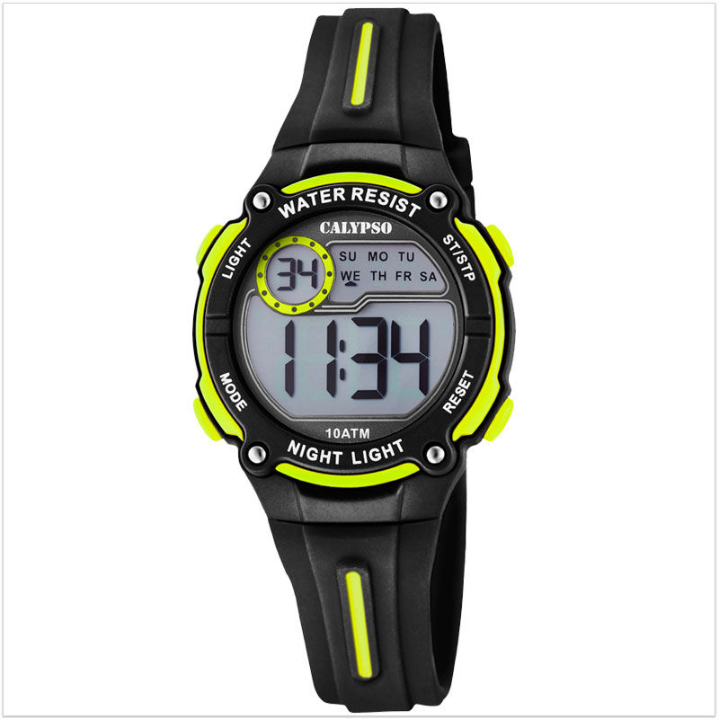 Montre garçon digitale sport avec alarme et chronomètre en silicone noir et vert fluo