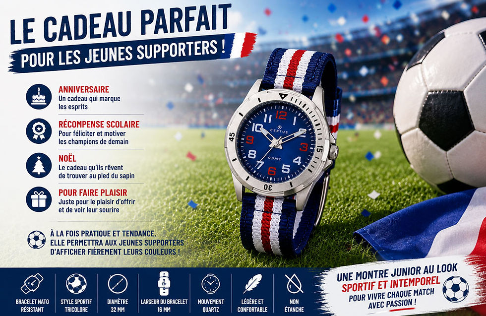 Montre Certus Junior bleu blanc rouge pour enfant posée sur une pelouse de football avec ballon et drapeau français, idéale comme cadeau pour les jeunes supporters pendant la Coupe du Monde