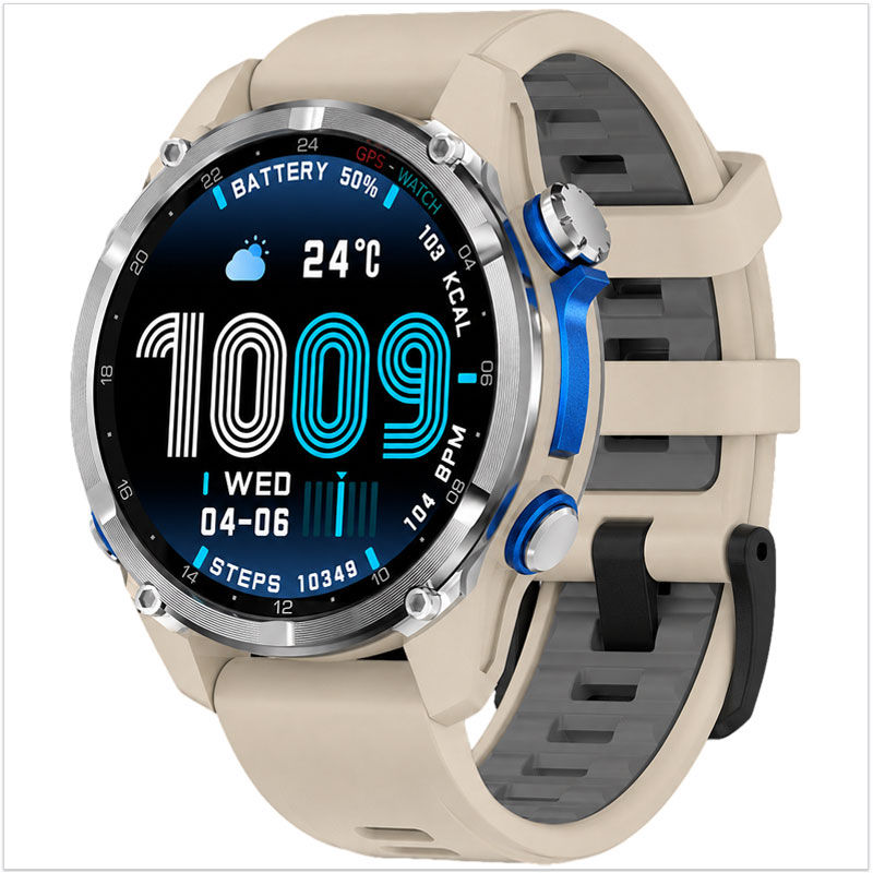 Montre connectée sport GPS beige et bleue pour adolescent de 12 à 16 ans avec écran AMOLED, puce GPS, suivis sportif et santé
