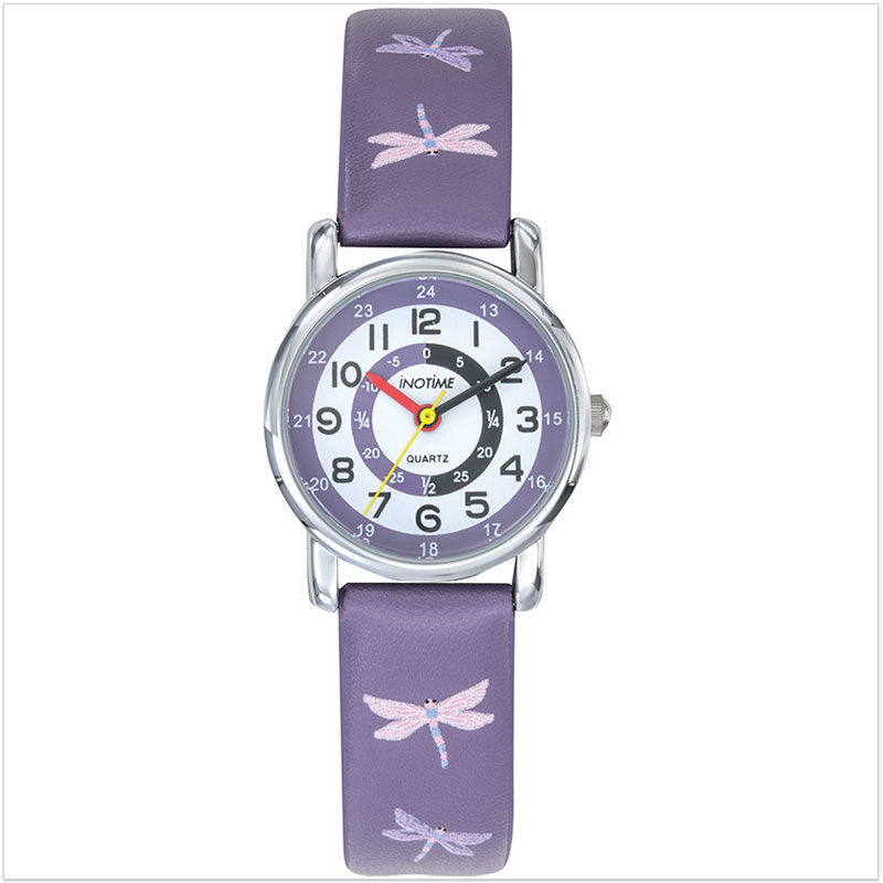 Montre pédagogique fille 7 ans équipée d'un joli bracelet en cuir mauve avec des petites libellules