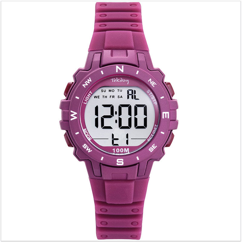 Montre digitale fille étanche avec alarme et chrono dotée d'un joli bracelet couleur prune en silicone