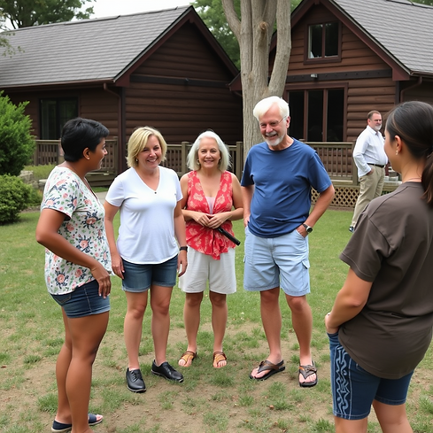 mature( younger) adults groups playing a communication game outside in the shorts village