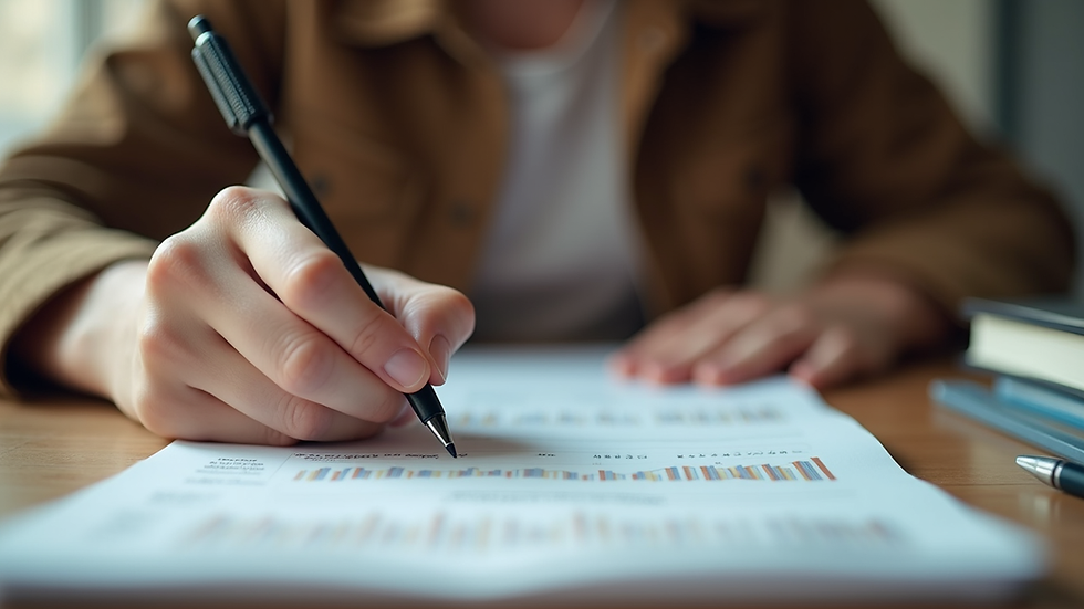 Eye-level view of a young adult writing a budget plan on a notebook