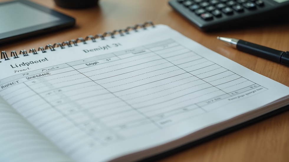 Eye-level view of a notebook with a budget plan and calculator on a wooden desk