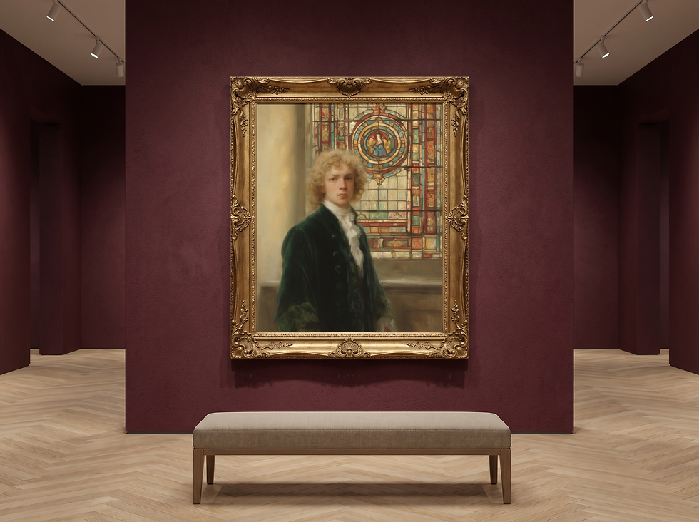 "The Young Lord of the Rose Window" in an antique-gold frame on a burgundy gallery wall — gallery mockup