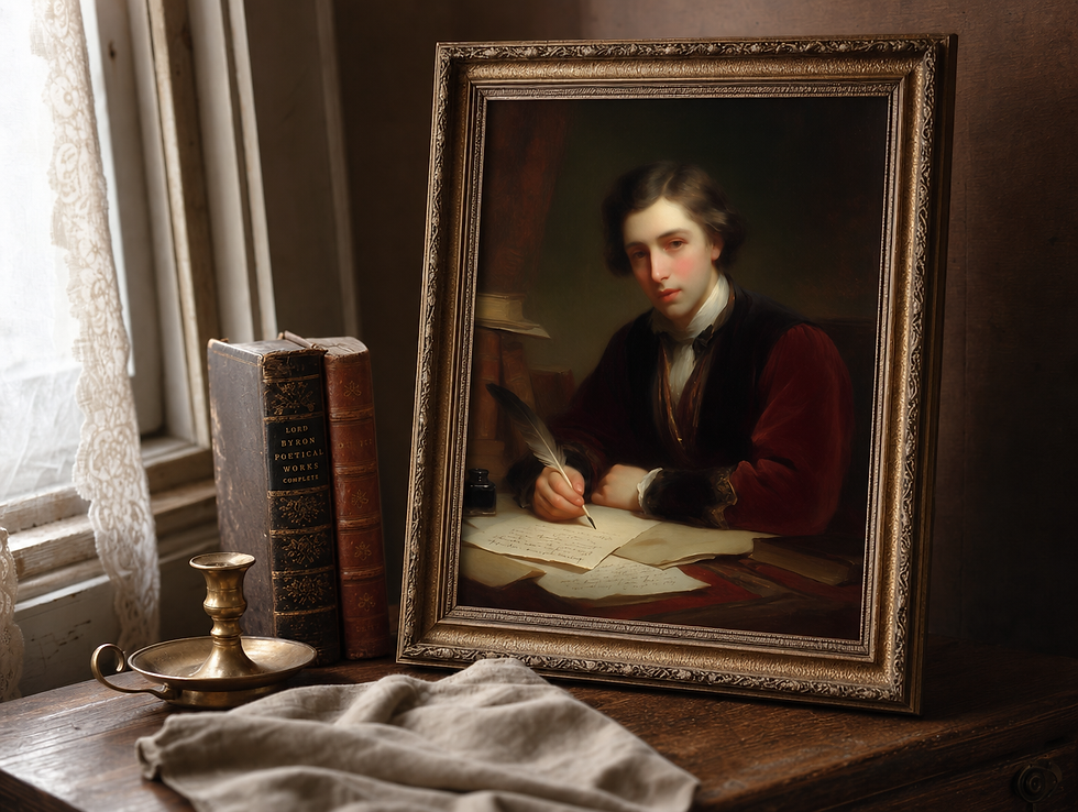 Close desk display of "The Poet’s First Verse" framed beside leather-bound books and a brass candleholder