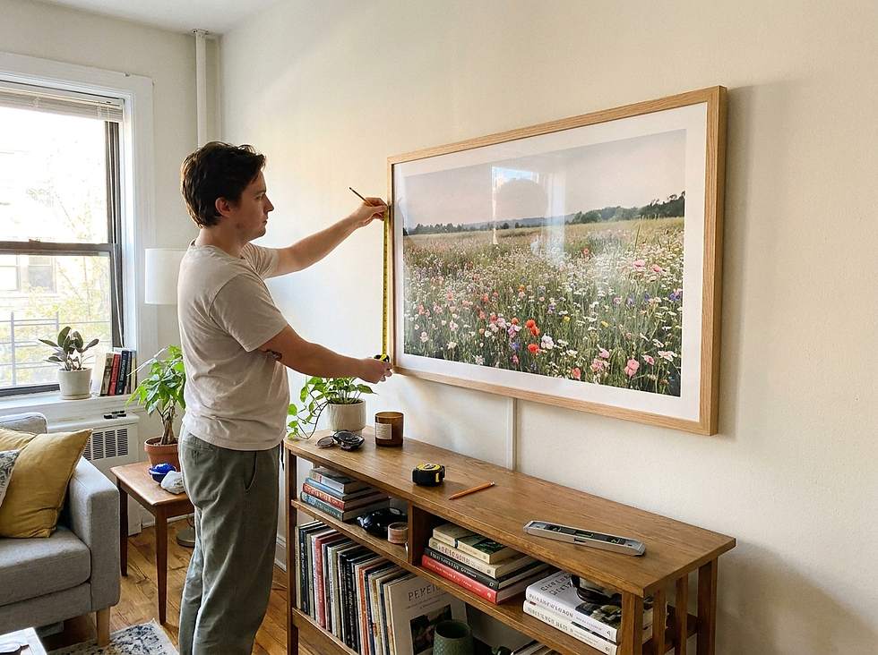 Homeowner measuring and hanging a wide floral meadow landscape print above a wooden console