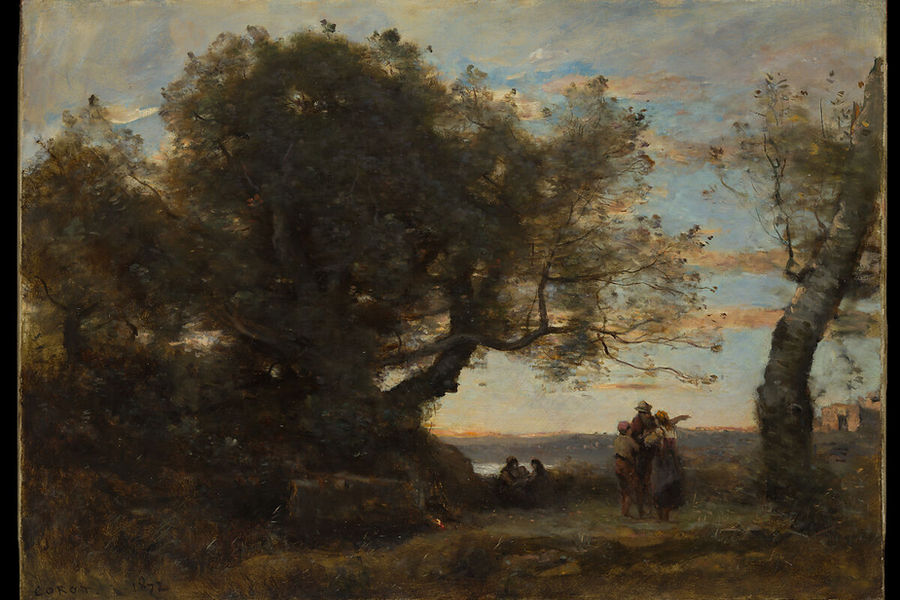 Camille Corot landscape near Barbizon with sheltering trees, figures, a campfire, and a sunset.