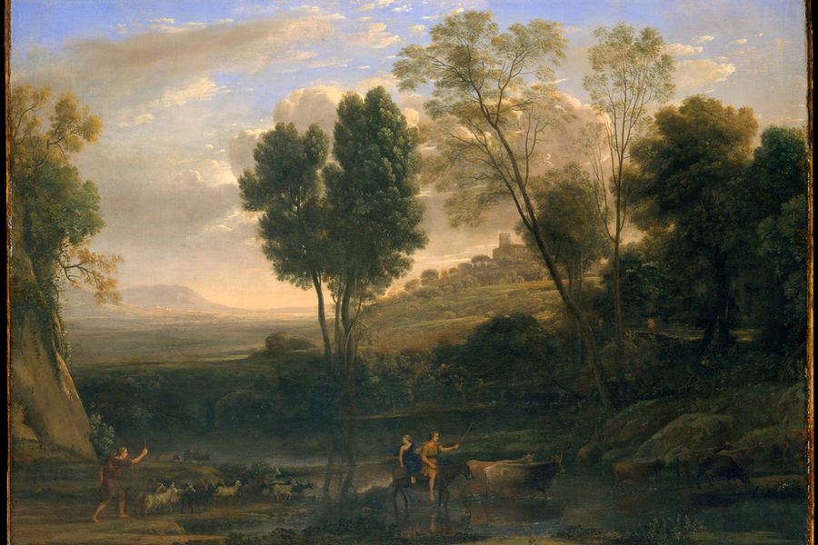 Claude Lorrain landscape with a glowing sunrise, distant architecture, trees, and small figures.