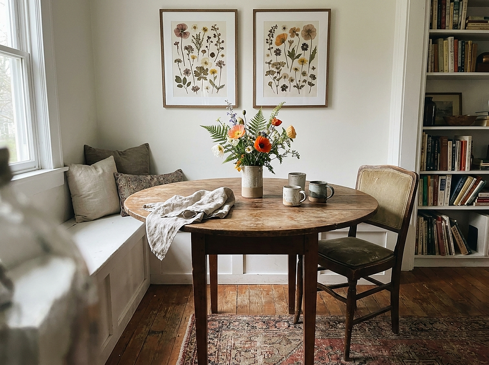 Dining nook with paired floral-inspired wall art and an imperfect vase of garden flowers