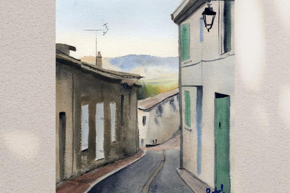 Original watercolour of a Provence village street and distant mountains