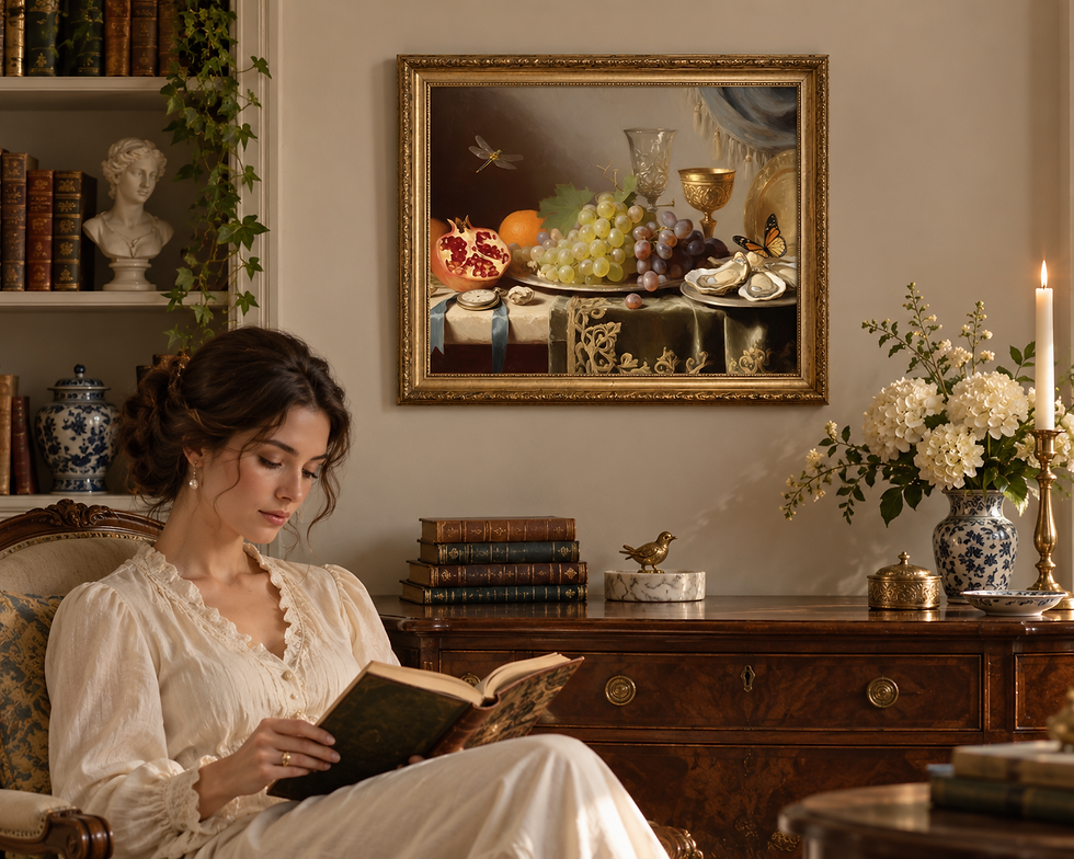 Illustration of a woman reading near a framed banquet still life.