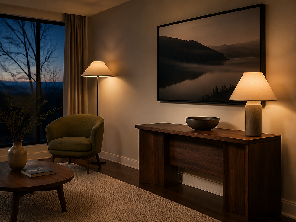 Compact living room at blue hour with a landscape painting and two warm pools of lamplight.