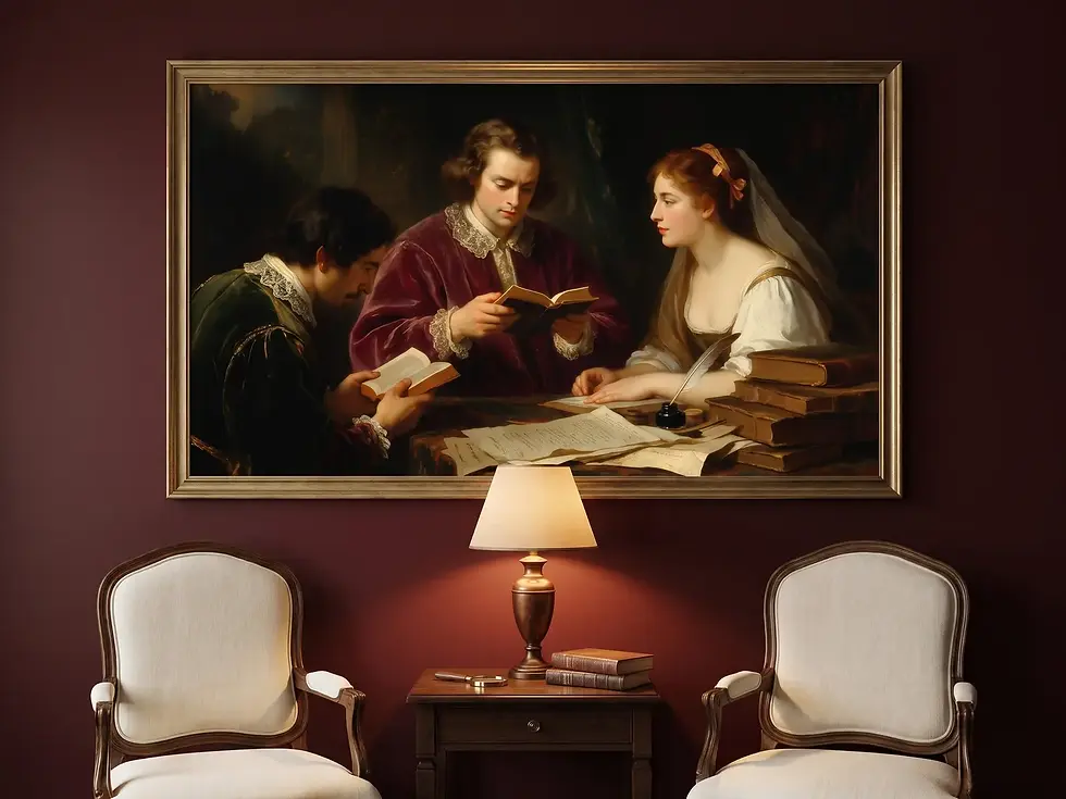 "Circle of Poets" styled in a deep oxblood literary drawing room with ivory chairs