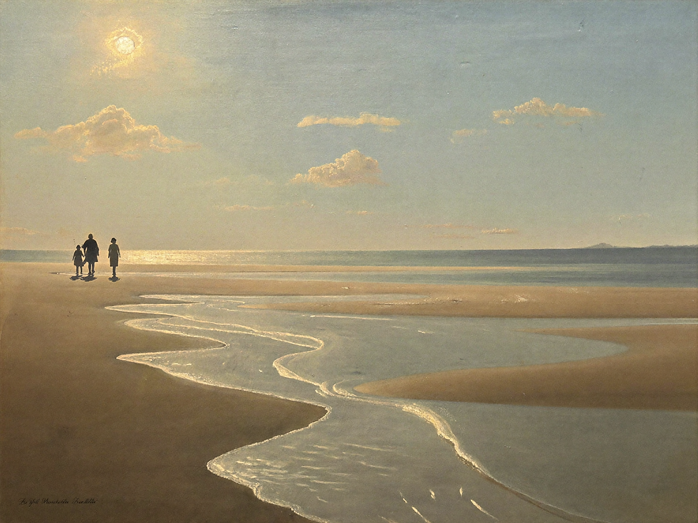 Painterly coastal scene with three small figures walking beside the sunlit tide.