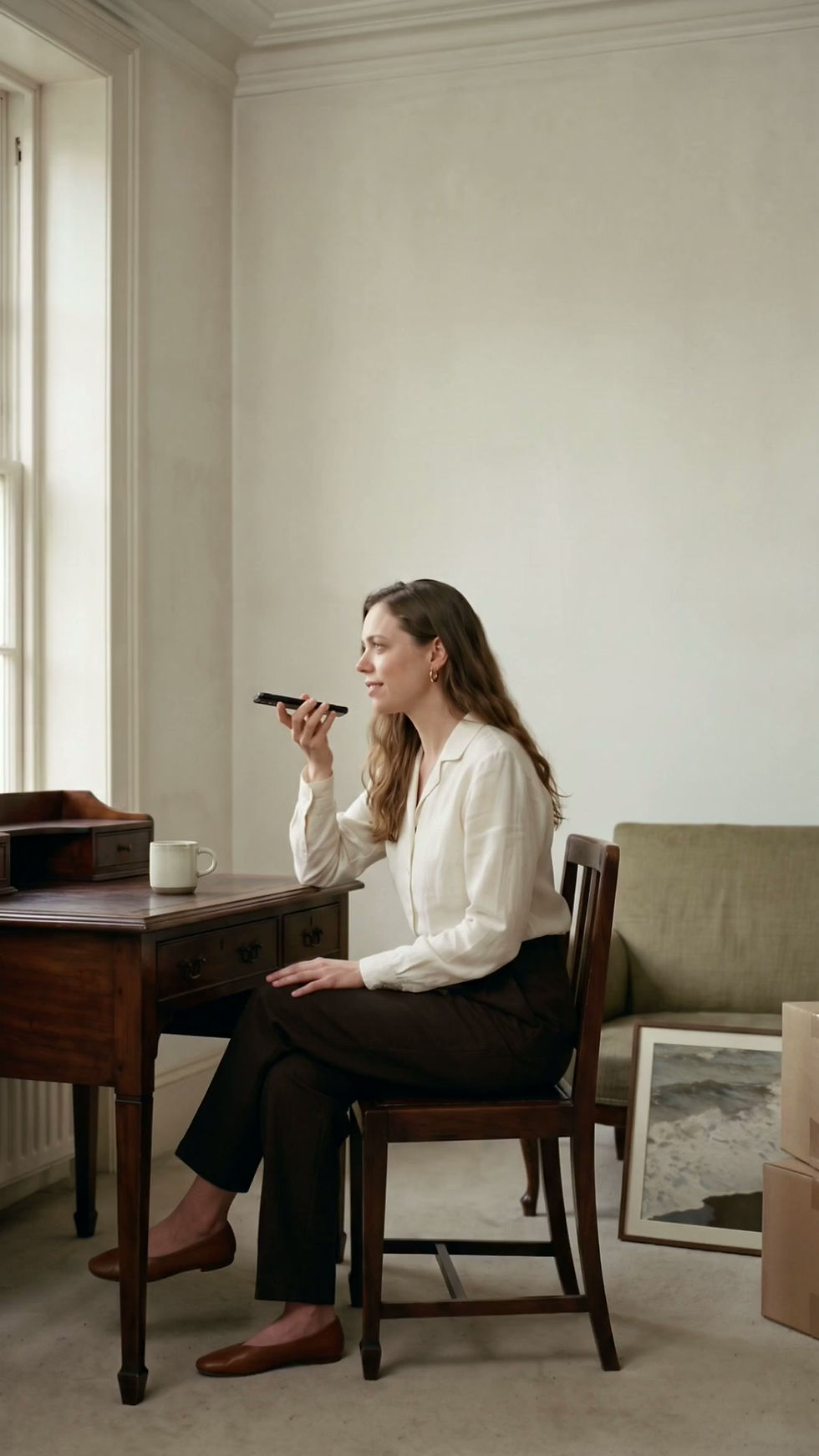 Woman holding a phone at a wooden desk with a framed coastal artwork leaning nearby