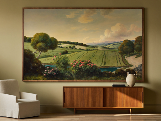 Monumental pastoral landscape painting above a walnut console with linen and oak furnishings.