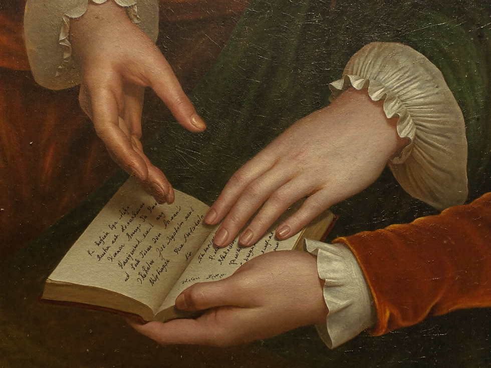 Close-up of hands and an open manuscript in Romanticism wall art