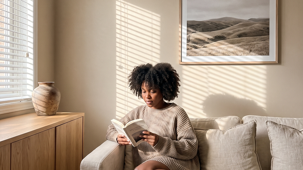 Woman reading a book on a cream sofa with framed countryside landscape print on the wall behind her