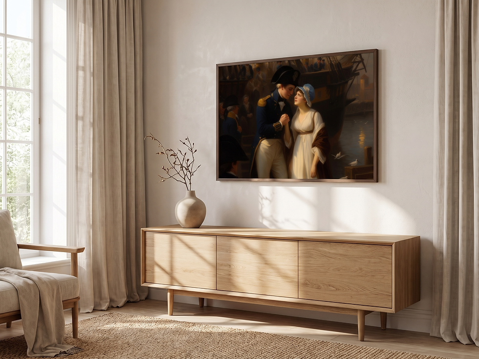 Sunlit room mockup showing "Farewell at the Harbor" in a dark walnut frame above a light oak console.