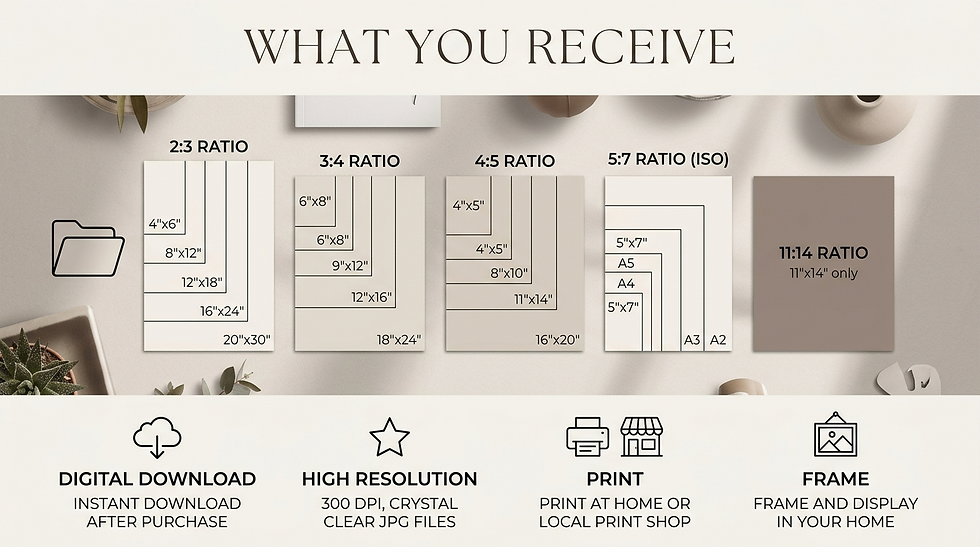 High-resolution printable wall art files shown with a size guide and digital download instructions