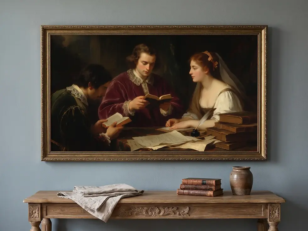 "Circle of Poets" in an antique brass frame above a carved console on a blue-gray wall