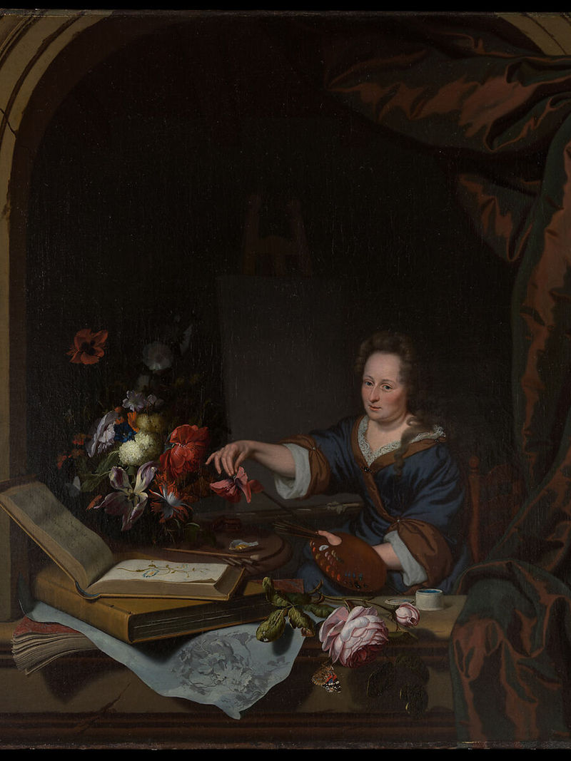 Portrait of Rachel Ruysch in her studio with a floral arrangement