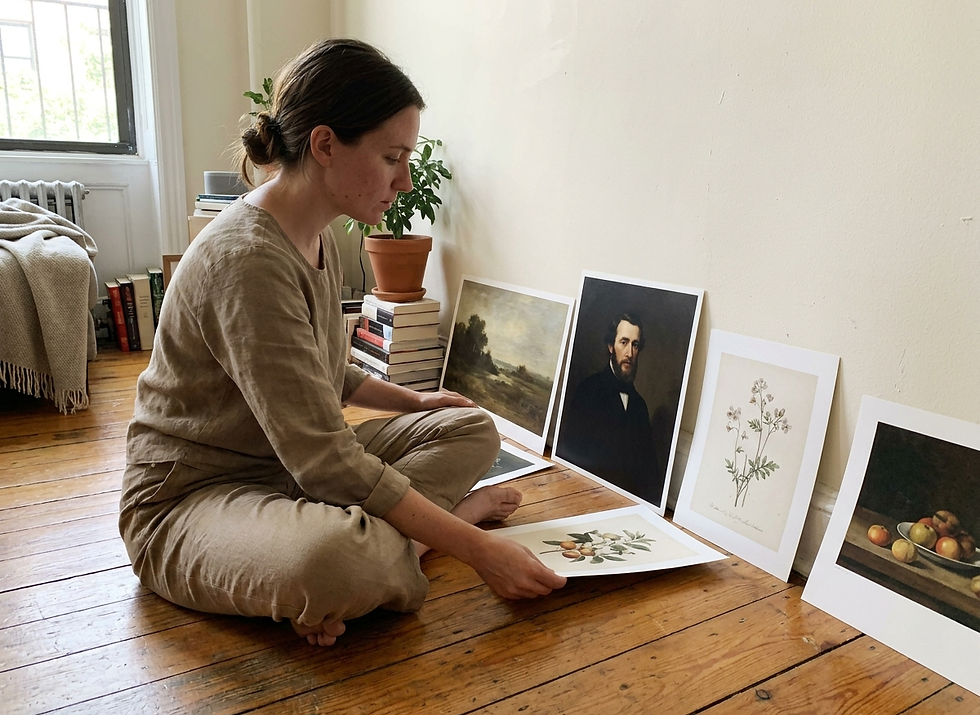 Woman comparing classic landscape, portrait, botanical, and still-life art prints