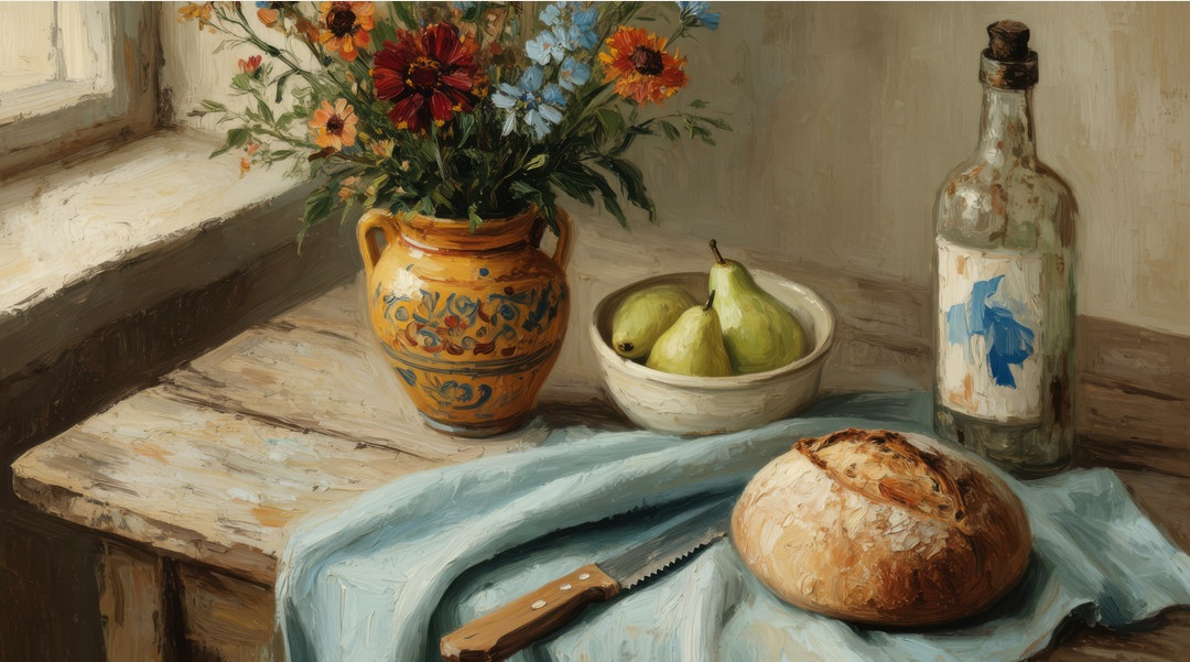 Flowers Beside the Pears by Havenest, complete still-life composition