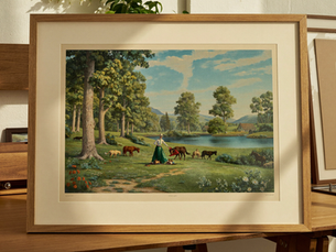 Pastoral landscape print surrounded by an ivory mat inside a wooden frame.