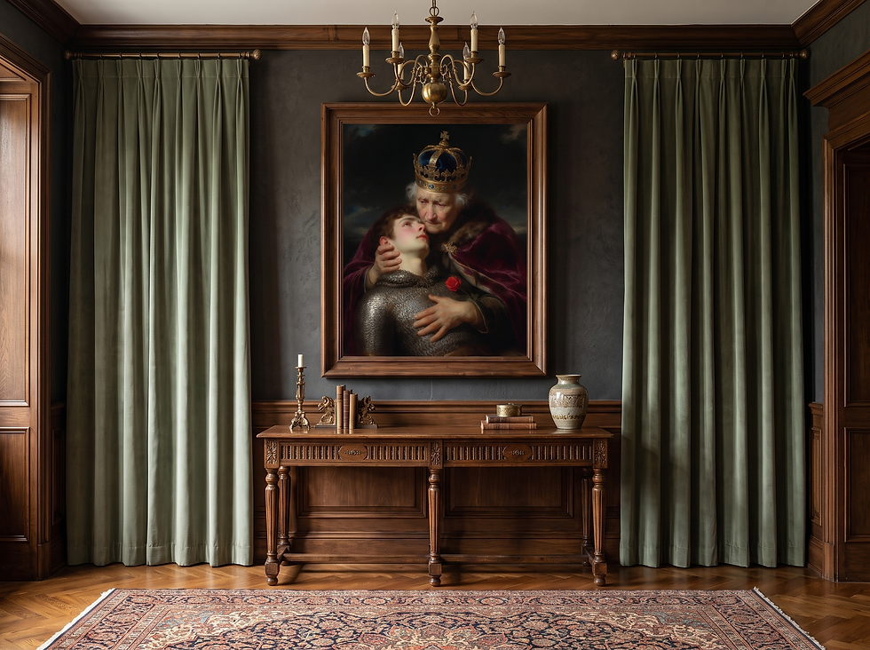 "The King’s Last Embrace" in a walnut frame within a vintage parlor with sage curtains
