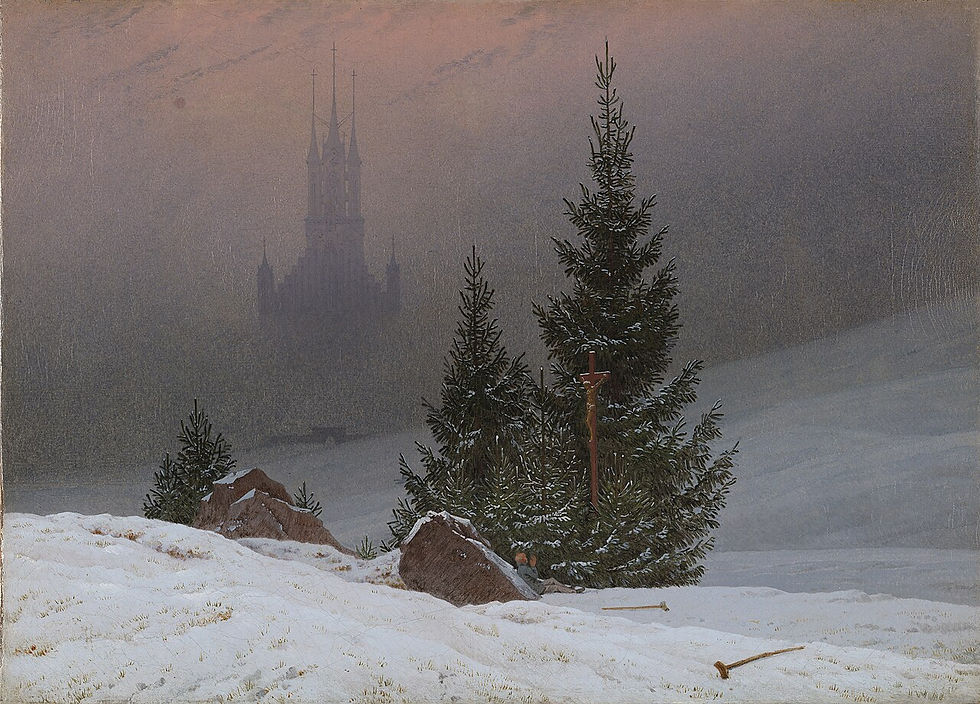Caspar David Friedrich's Winter Landscape showing a praying figure, discarded crutches, a crucifix, fir trees, and a cathedral in snow.