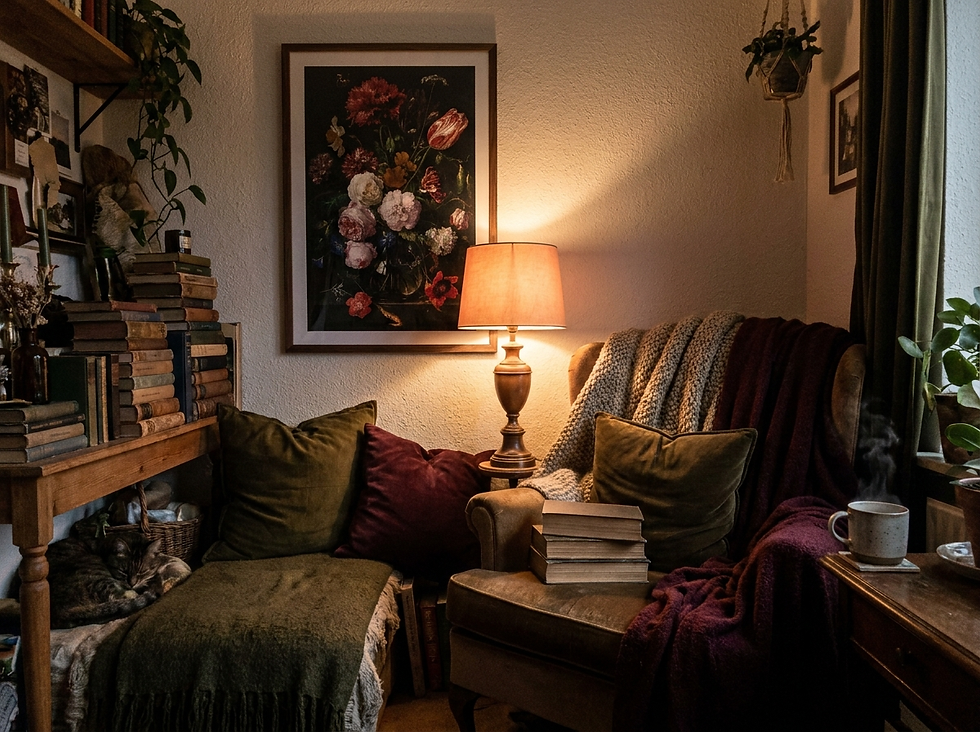 Moody floral wall art in a lived-in reading corner with walnut frame, books, and warm lamp