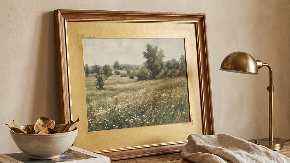 Framed meadow landscape print styled on a wooden console with quiet luxury decor objects