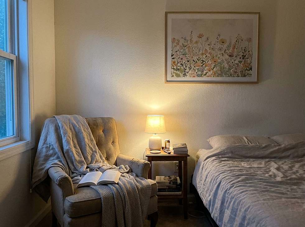 Peaceful bedroom reading corner with softly colored floral meadow wall art and warm evening light