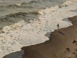 "A Woman at the Edge of the Sea": a solitary woman beside white surf, muted green waves and a dark sandy beach
