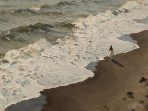 "A Woman at the Edge of the Sea": a solitary woman beside white surf, muted green waves and a dark sandy beach