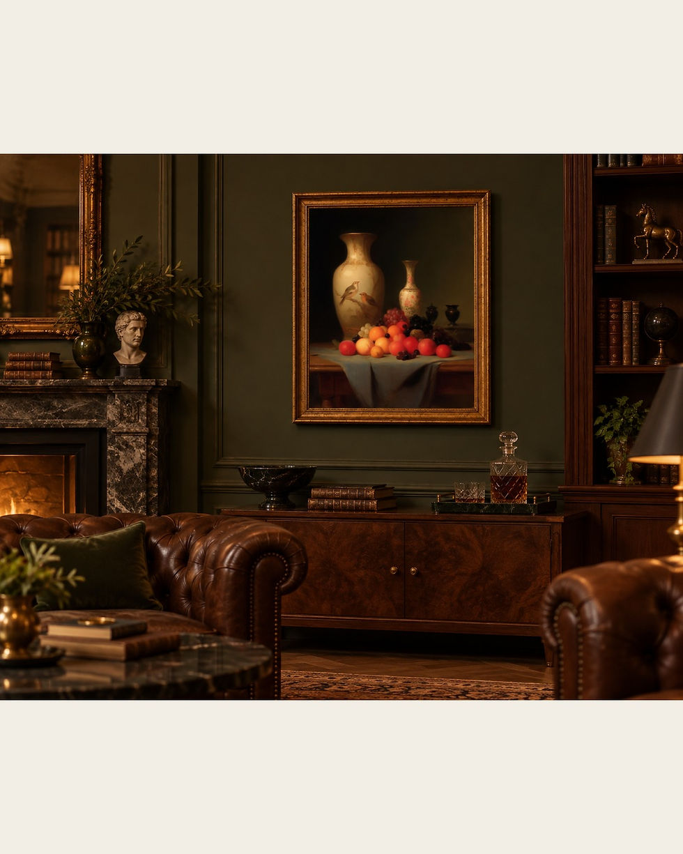 The Birds on the Porcelain Vase hanging in a room with books and leather seating