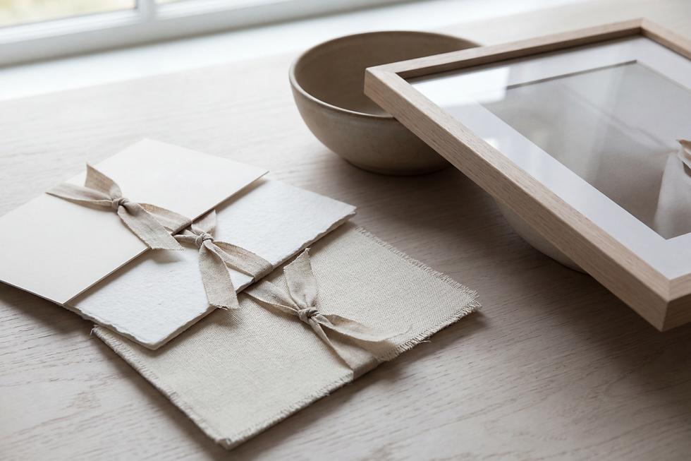 Editorial close-up comparing matte paper, textured fine art paper, and canvas samples beside a framed art print.